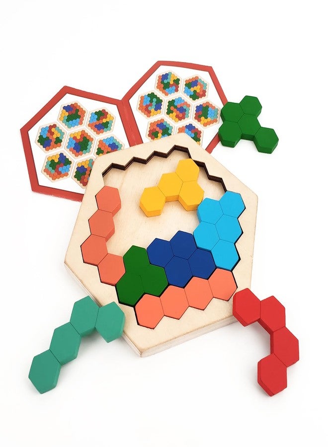 Wudly® Wooden Honeycomb Puzzle Board for Kids | Montessori Shape Matching Toy | Tangram Brain Storming Toy for Kids & Adults | Educational Wooden Puzzle for Toddlers - Image 3